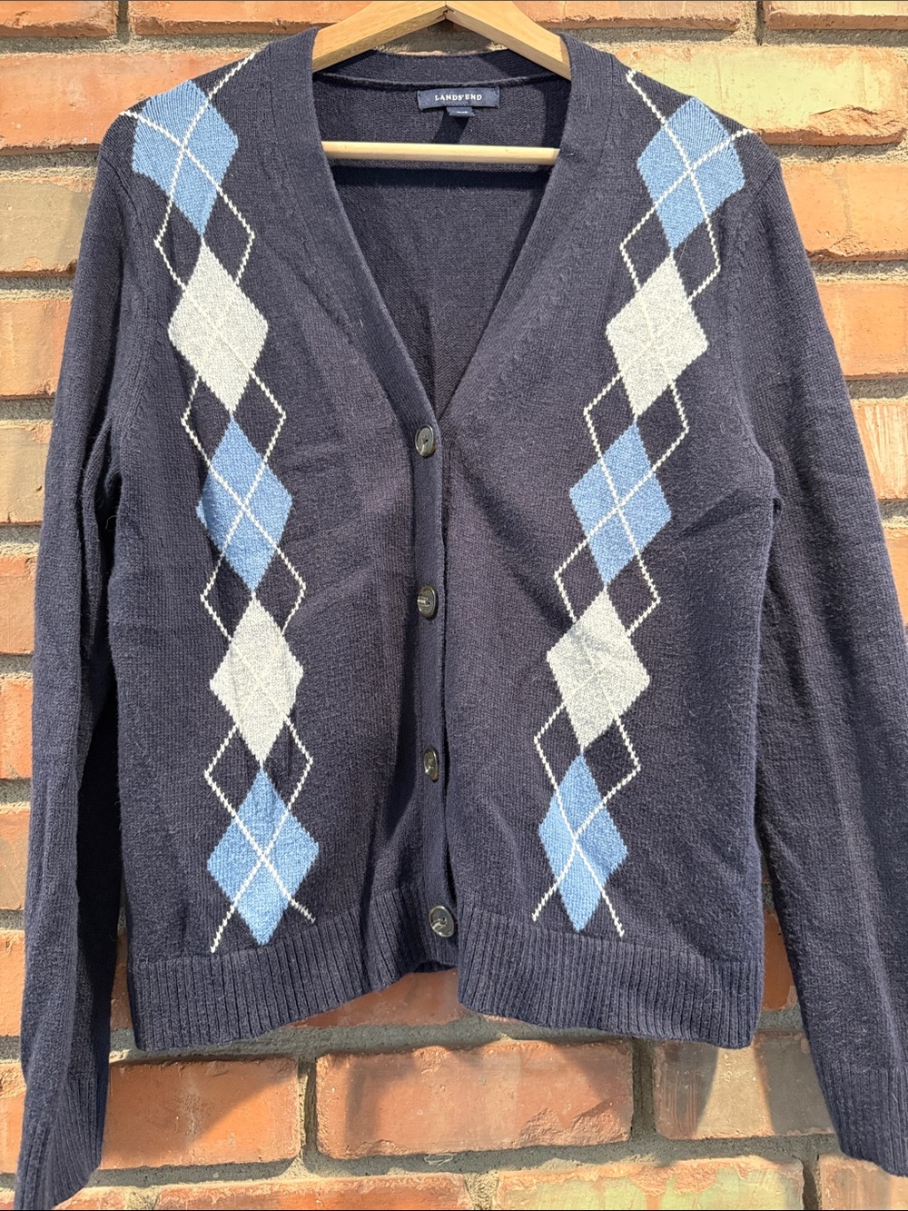 Lands' End Navy Argyle Button-Front Cardigan with Blue & Light Gray Diamonds